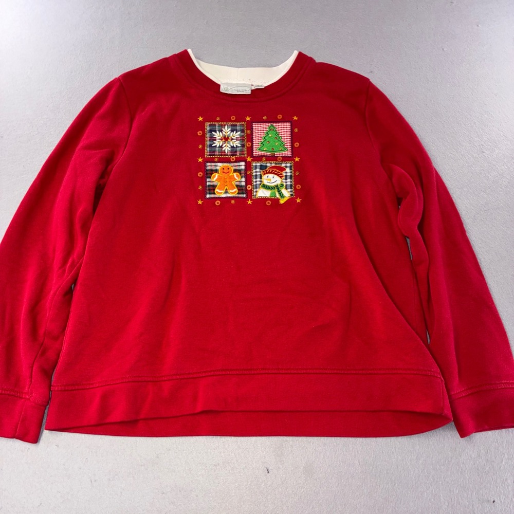 Christmas Sweatshirt Womens L Red Embroidered Holiday Patchwork